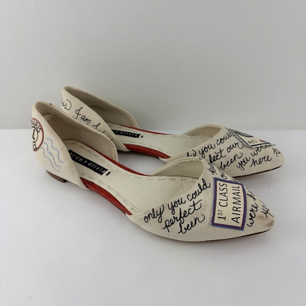 Alice + Olivia D'Orsay Flats 37.5 Airmail Postcard Canvas Pointed Toe